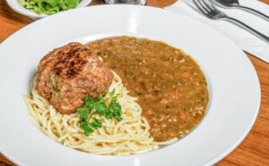 Curry and Creamy Spaghetti with Hamburger Steak